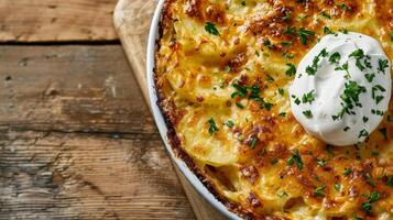 Close-up of a delicious potato gratin with a dollop of sour cream photo