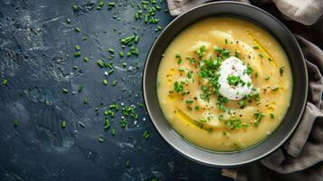 A bowl of creamy potato soup topped with chives and sour cream photo