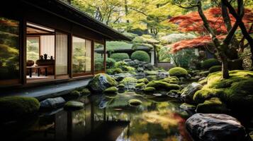 A tranquil Japanese garden with a pond, moss-covered rocks, and a traditional house photo