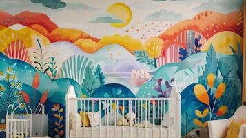 A colorful, hand-painted mural depicting a whimsical landscape in a nursery photo
