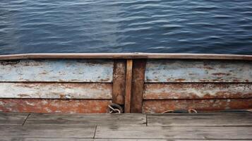 The bow of a weathered boat sits above tranquil water at sunset photo