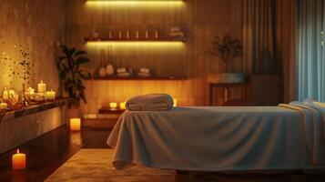 A spa room with a massage table, candles, and a warm, inviting atmosphere photo