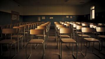 Empty chairs in a classroom, bathed in afternoon light photo