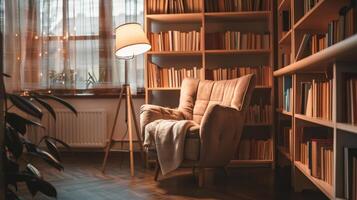A comfortable armchair bathed in warm light, perfect for reading photo