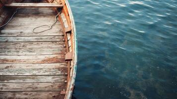 A weathered wooden boat rests on a tranquil lake, ready for its next journey photo