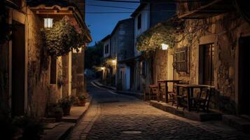A cobblestone street lined with stone buildings in a quiet village at night photo