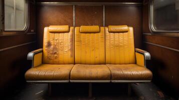 A worn, yellow train seat sits in a forgotten carriage photo