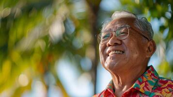 A close-up portrait of an elderly Asian man outdoors, smiling cheerfully photo