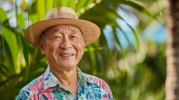 Portrait of an elderly Asian man in a straw hat, smiling in a tropical garden setting photo