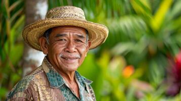 A portrait of an elderly South Asian man in a garden setting photo