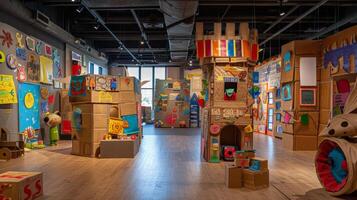 A brightly decorated cardboard city filled with playful structures and colorful details photo