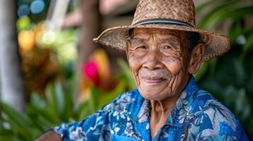 Old man in straw hat and blue shirt smiles at camera photo