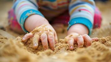 A close-up of a babys hands playing in the sand photo