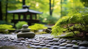 A zen garden with a stone stack in the foreground photo