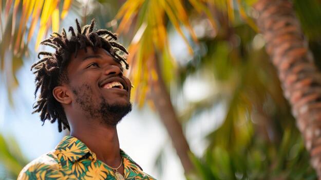 Man with dreadlocks smiles under palm trees on sunny day photo