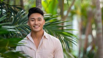 Portrait of a young Asian man outdoors, smiling in front of a backdrop of verdant foliage photo