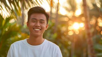 Portrait of a young Asian man smiling outdoors in the summer photo