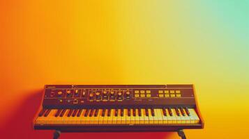 A vintage synthesizer keyboard sits against a bright orange and green wall photo