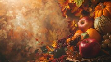 A still life of fall fruits and vegetables, bathed in warm light photo