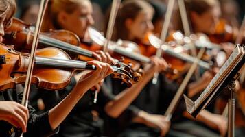 A close-up of a violinists hands playing a melody during a concert photo