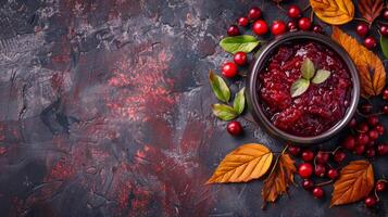 A bowl of cranberry sauce surrounded by fresh cranberries and fall leaves photo