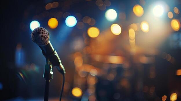 un micrófono en un pararse, iluminado por etapa luces foto