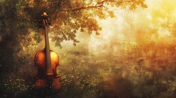 A violin rests against a tree in a misty, sunlit forest photo