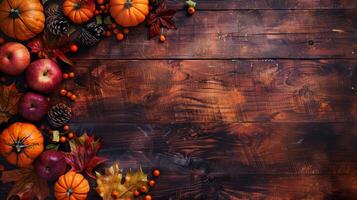 A rustic wooden background adorned with pumpkins, apples, and fall foliage photo
