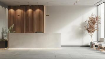 Modern lobby with white reception desk and natural light photo
