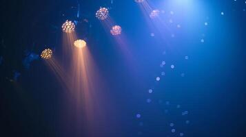 A close-up view of stage lights casting beams of light in a dark venue photo