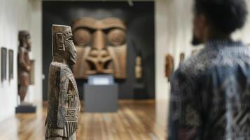 A visitor stands in a museum gallery, gazing at a display of ancient wooden statues photo