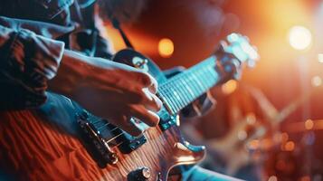 A close-up of a musicians hand playing a guitar on stage photo