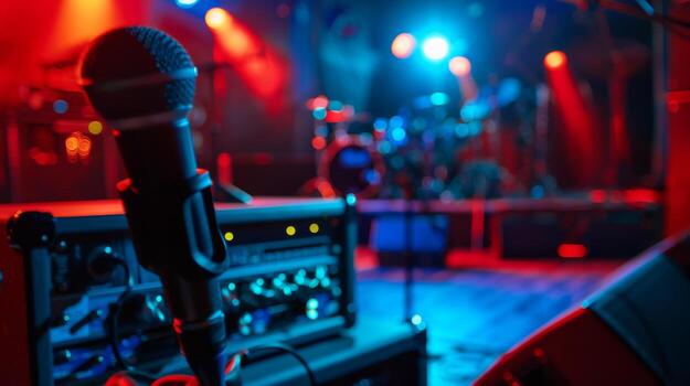A microphone sits on an amplifier in a dimly lit concert venue photo