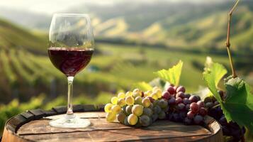 Red wine glass and grapes on a wooden barrel in a vineyard photo
