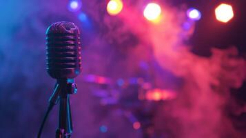 Vintage mic, stand, lights - awaits music photo