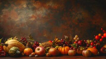 A colorful still life of autumn fruits and vegetables photo