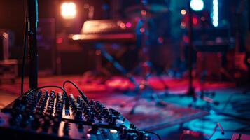 Close-up of a soundboard with a blurred band in the background photo