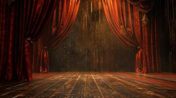 A dimly lit stage with red velvet curtains pulled back revealing a dusty wooden floor photo