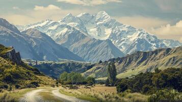A scenic view of a winding path in the foothills of the Southern Alps, New Zealand photo