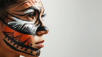 A close-up of a womans face painted with black, white, and orange geometric designs photo