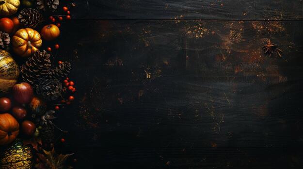 A dark wooden background with autumnal elements photo