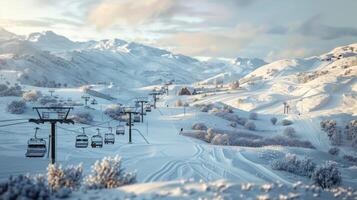 A ski resort with snowy slopes and a chairlift ascending through a winter wonderland photo