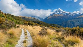 Gravel path winds through Southern Alps of New Zealand, snow-capped mountain peak visible photo