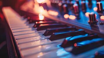 A close-up shot of a keyboard illuminated by stage lights photo
