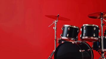A close-up of a black drum set with cymbals against a red background photo