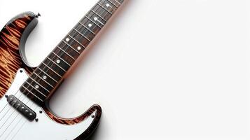A close-up of a sunburst electric guitar against a white backdrop photo