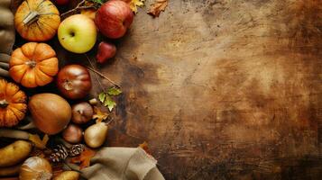 A rustic wooden table adorned with autumnal bounty photo