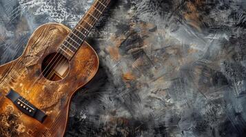 An old acoustic guitar lies on a textured concrete surface photo