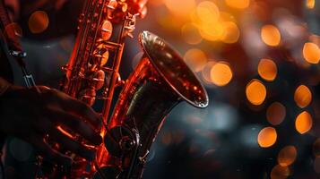 Close-up of a saxophone being played under warm stage lights photo
