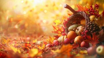 A cornucopia overflowing with colorful fruits, vegetables, and leaves photo